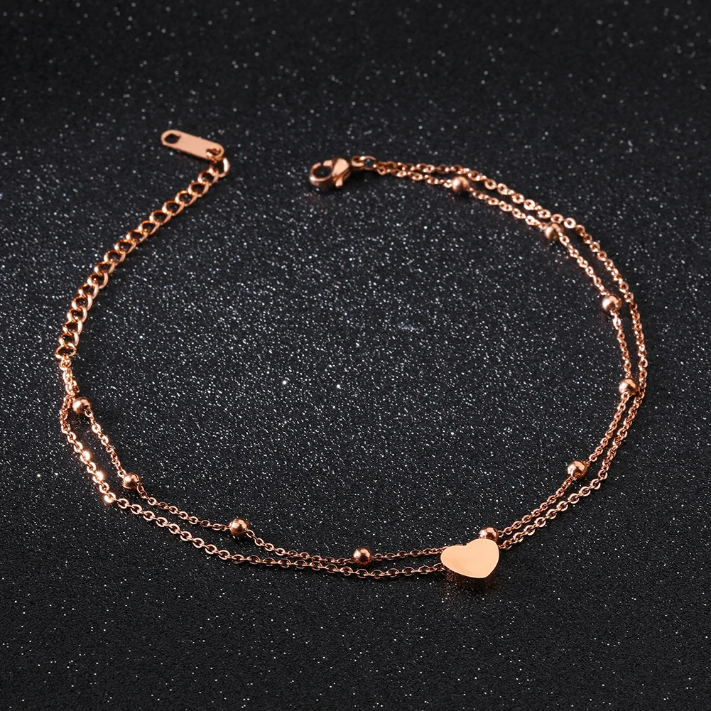 Women Heart Round Bead Charm Double Layer Anklet Foot Chain Bracelet Jewelry Leg Bracelets For Women Foot Jewelry Feet Chain Fri