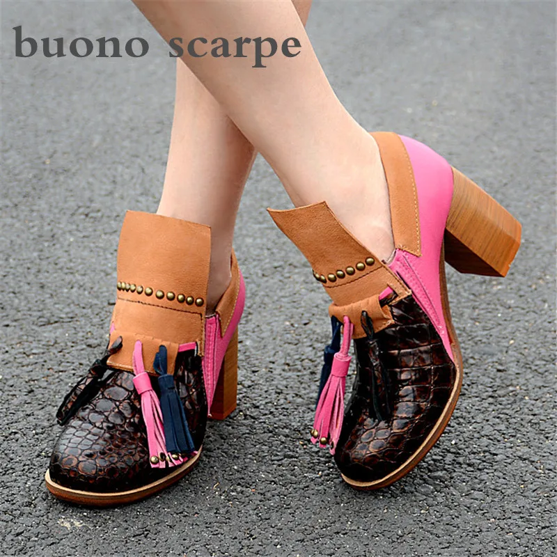 

Handmade women's spring and autumn single shoes leather color matching thick with square head tassel shoes