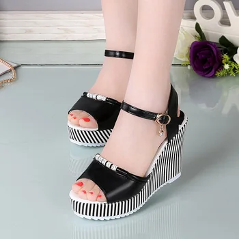 

2020 Summer New Style Women Super High Heels Sandals WOMEN'S Wedge Shoes Buckle Diamond Stripes Fish Mouth Platform Rome Shoes