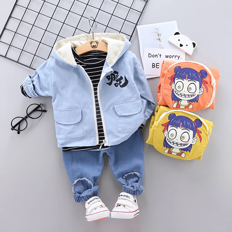 

2020 Spring And Autumn New Style Children Cardigan Suit Cartoon Pattern Nezha Hoodie Striped Shirt Three-piece Set