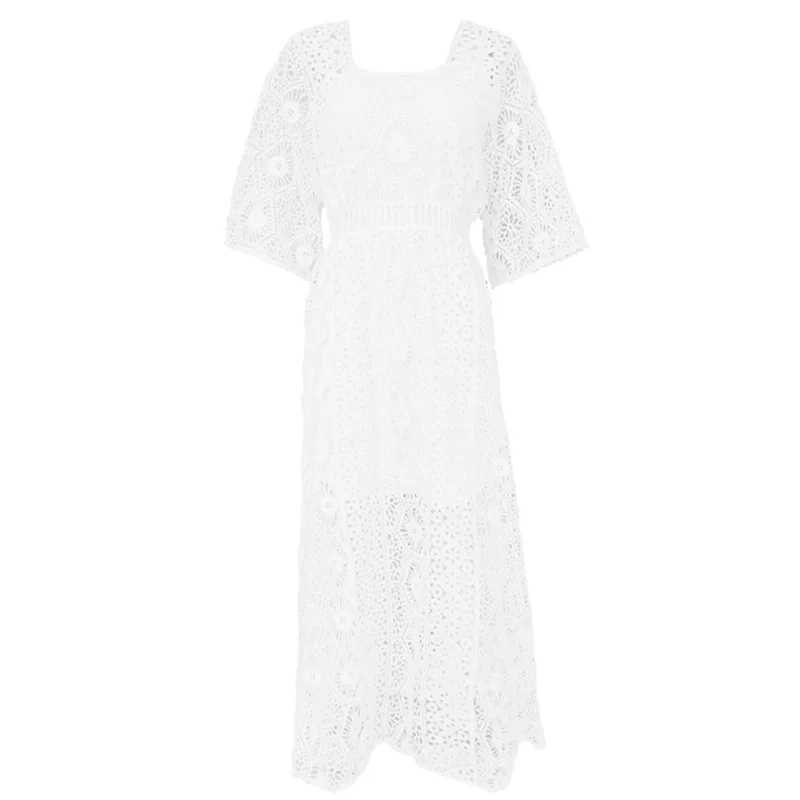 Dress square collar short sleeve beach holiday loose lace perspective dress - Цвет: Белый