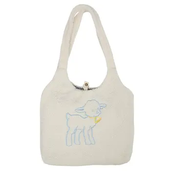 

Women Lamb Like Fabric Shoulder Bag Simple Canvas Handbag Tote Large Capacity Embroidery Shopping Bag Cute Book Bags For Girls