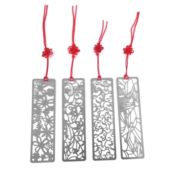 

Pack of 4 Classical Hollow Out Flower Style Metal Bookmark with Red Knotting Strap