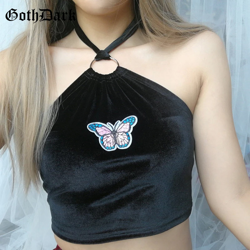 

Goth Dark Black Grunge Gothic Camisole harajuku Butterful Print Ring Cropped Top Summer 2020 halter Ring Backless Tops Emo Y2K