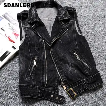 

Plus Size 4XL!Springautumn Denim Vests 2019 Vintage Sleeveless Black Plus Size Ladies Jeans Vests Wild Jackets Women