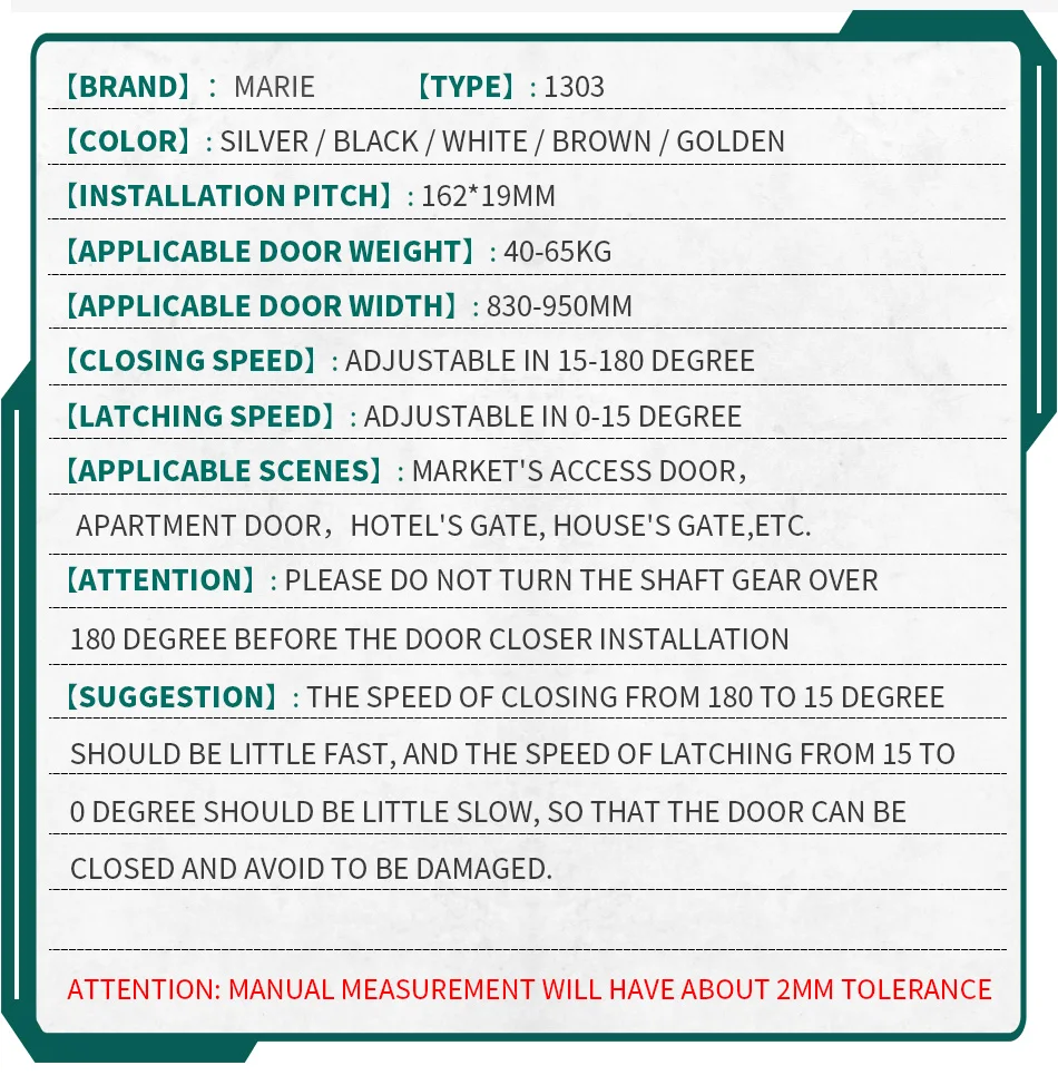 MARIE-1303-Aluminum-Alloy-Door-Closer-40kg-65kg-Automatic-Hydraulic-Buffer-Closing-Spring-Door-Closer_15