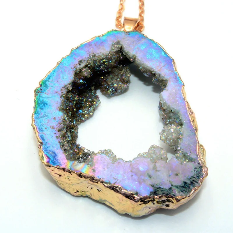 Druzy ожерелье с подвеской Druza Agates Geode, серебро, золото, Druzy, кварцевый камень, натуральный камень, подвеска с покрытием из кристаллов