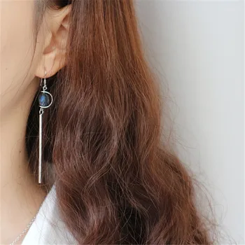 

POFUNUO 925 Sterling Silver Korean Style Women Long Tassel Ear Lines Ocean Blue Crystal Gemstone Dangle Earrings Wedding Jewelry