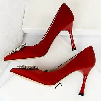 

2020 Women 9cm High Heels Pumps Lady Scarpins Burgundy Stiletto Heels Sexy Office Bridal Prom Yellow Crystal Rhinestone Shoes