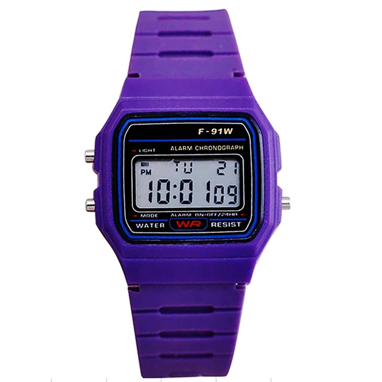 Многофункциональные ультра-тонкие светящиеся часы, светодиодный Будильник, детские часы F91, спортивные электронные часы для девочек, студенческие часы, квадратные детские часы - Цвет: Фиолетовый
