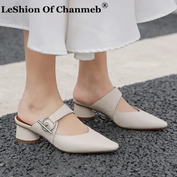 

High Quality Natural Cow Leather High Heels Women Mules Large Size 42 Woman Slip ons Block Heels Shoes for Spring Summer Zapatos