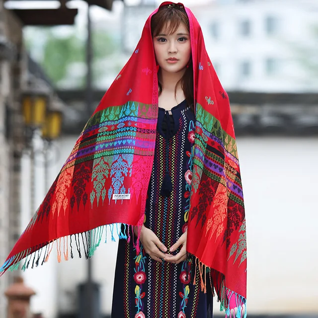 Богемский дизайнерский женский шарф с принтом китайский национальный стиль цветочный узор кисточка зимний теплый мягкий длинный дорожный шарф-одеяло - Цвет: red