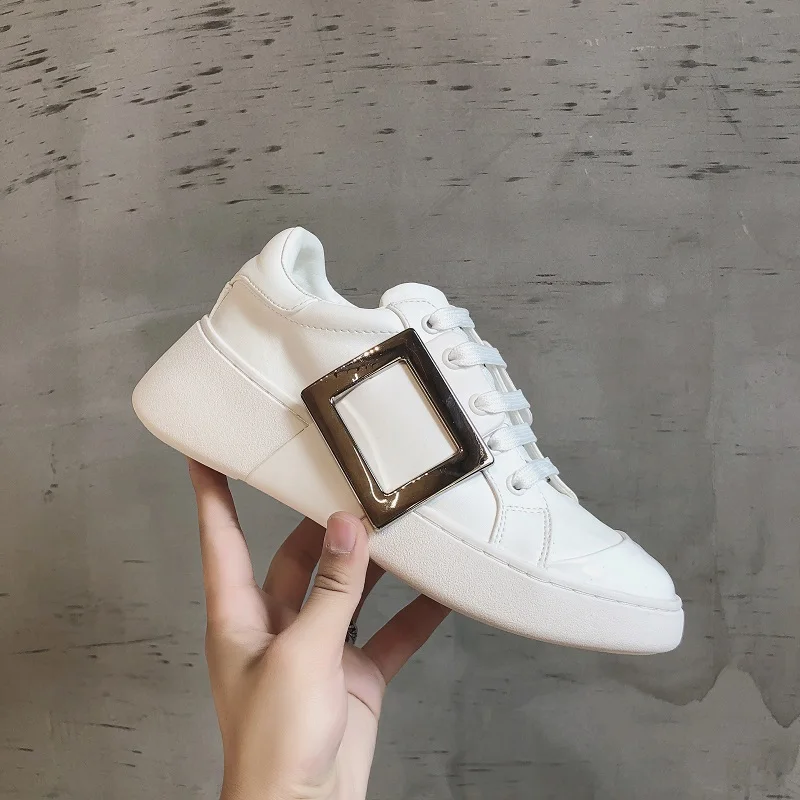 

Spring New Women Buckle White Sneakers Comfortable Flat Heel Lace-up Skateboard Shoes Casual Sneakers