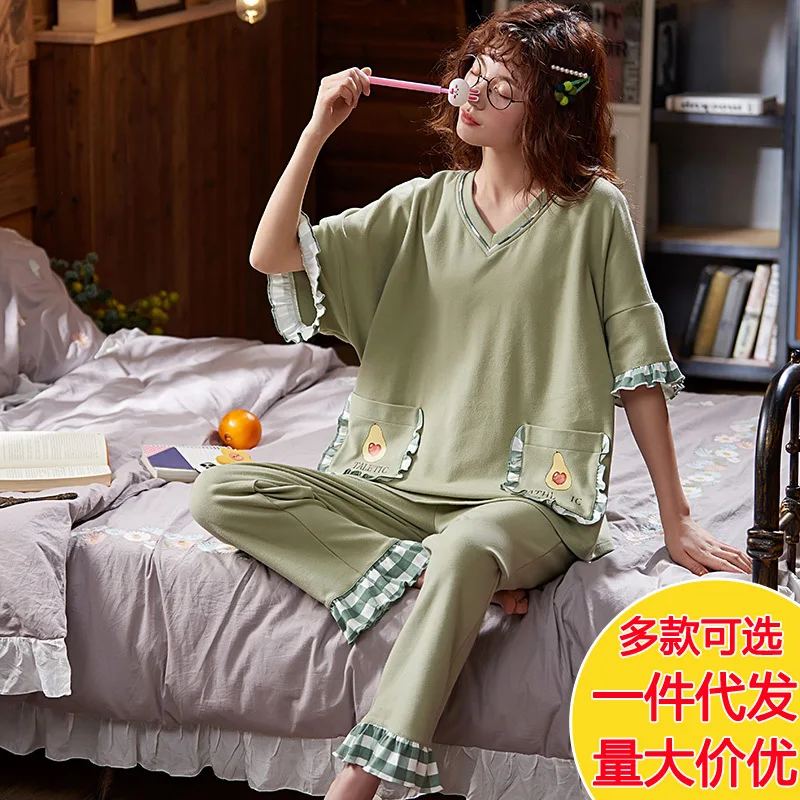 

Pajamas Women's Summer Style Pure Cotton Short Sleeve Korean-style Sweet Cute Students Women's-Outer Wear Cotton Homewear Set