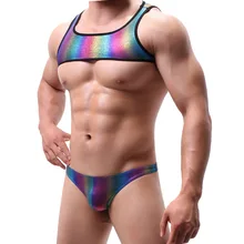 2 шт./компл. Для мужчин нагрудного ремня укороченный топ+ брифы из искусственной кожи мышцы плеча ремень бодибилдинг сценический костюм Радуга атласные бондаж