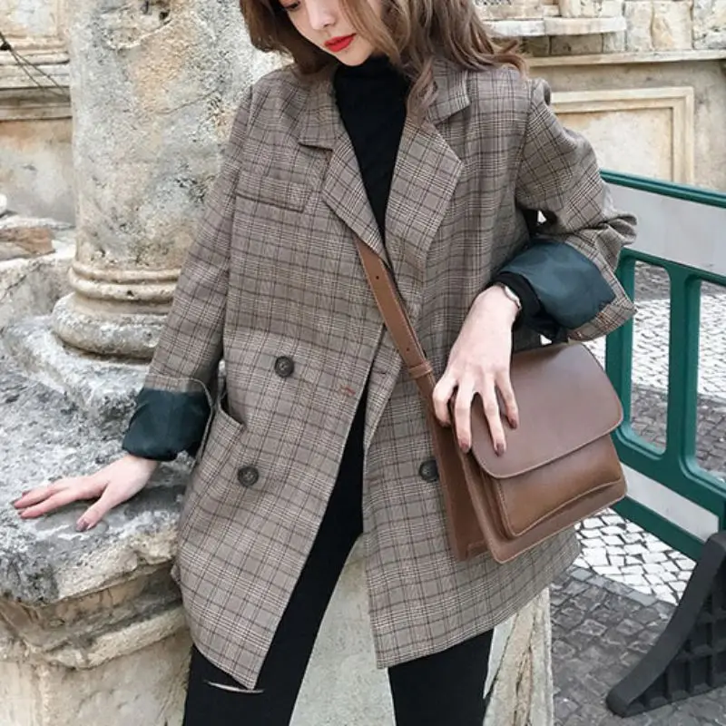 Women Blazer Retro Spring Autumn Plaid Jackets Lapel Casual Long Sleeves Slim Warm Coat British Style Blazer Outwear