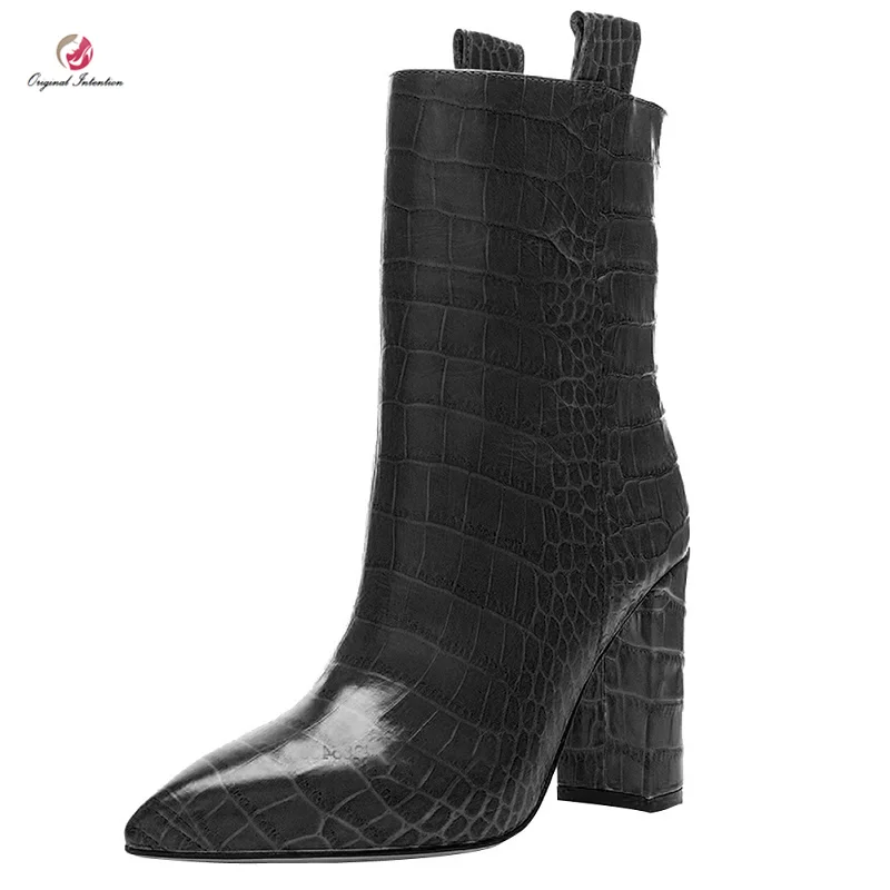 

Original Intention Stylish Women Ankle Boots Winter High Heel Pointed Toe Stone Patent Leather Shoes Woman 4 Colors Plus Size