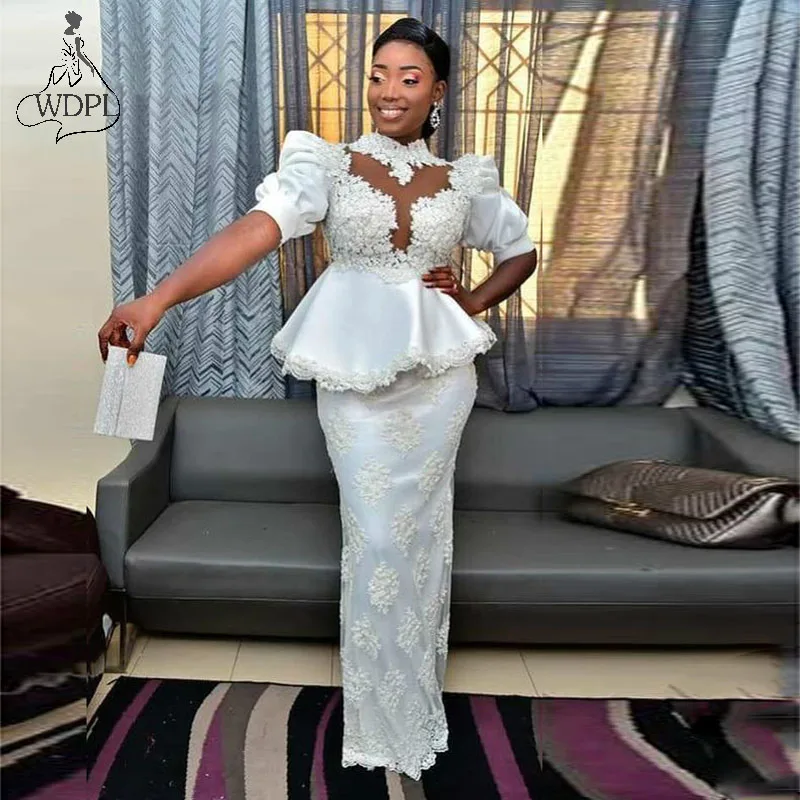 White African Mermaid Prom Desses With Peplumn High Neck Short Sleeve Full Length Lace Evening Dresses Formal Wear