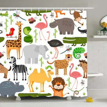 

Shower Curtain Set with Hooks 66x72 Jungle Animals Design Nature Pattern Elephant Crocodile Giraffe Bird Wild Wildlife Parrot