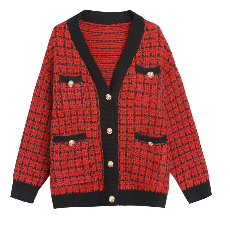 Elegant V-neck Knit Cardigan Ladies Fall Winter Knit Sweaters Korean Style Women Plaid Cardigans sweters women invierno 2019 Elegant V-neck Knit Cardigan Ladies Fall Winter Knit Sweaters Korean Style Women Plaid Cardigans sweters women invierno 2019