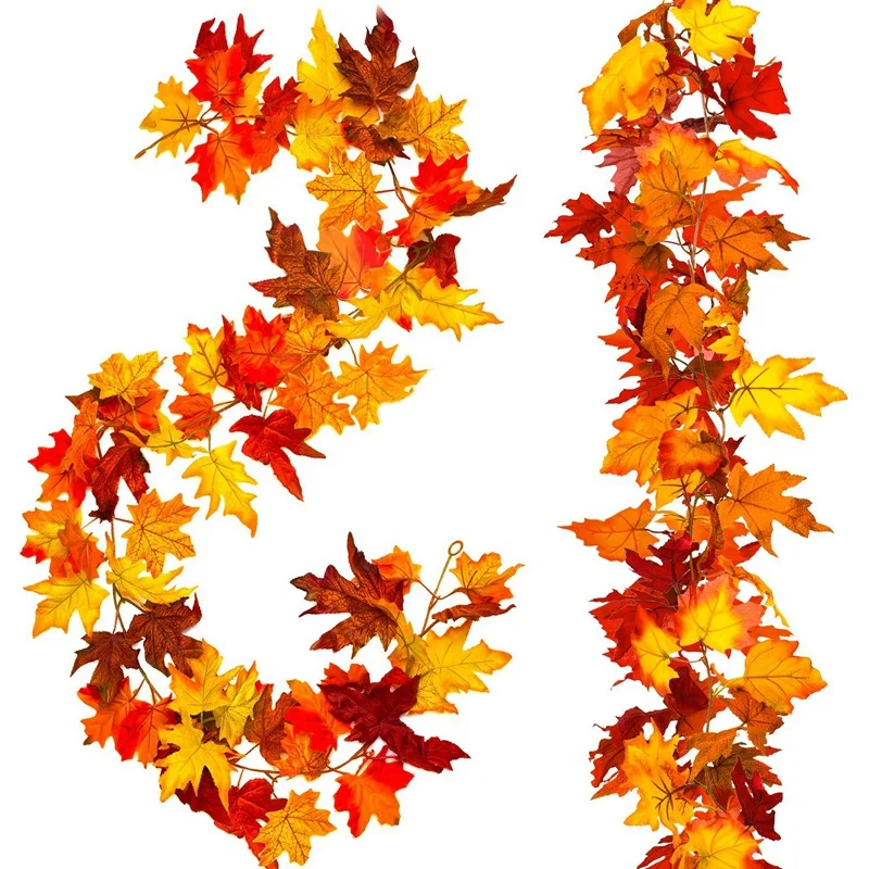 

2 Pcs Artificial Autumn Maple Leaves Garland, Fall Hanging Plant for Home Garden Wall Doorway Backdrop Fireplace Decoration, Wed