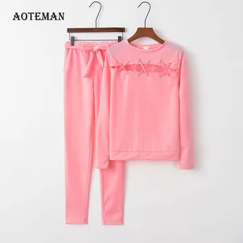 

Spring Autumn Women Tracksuits 2020 Casual Sexy Bandage Pullover Hoodies Sweatshirt Oversize Warm Solid T Shirt Pants Set Female