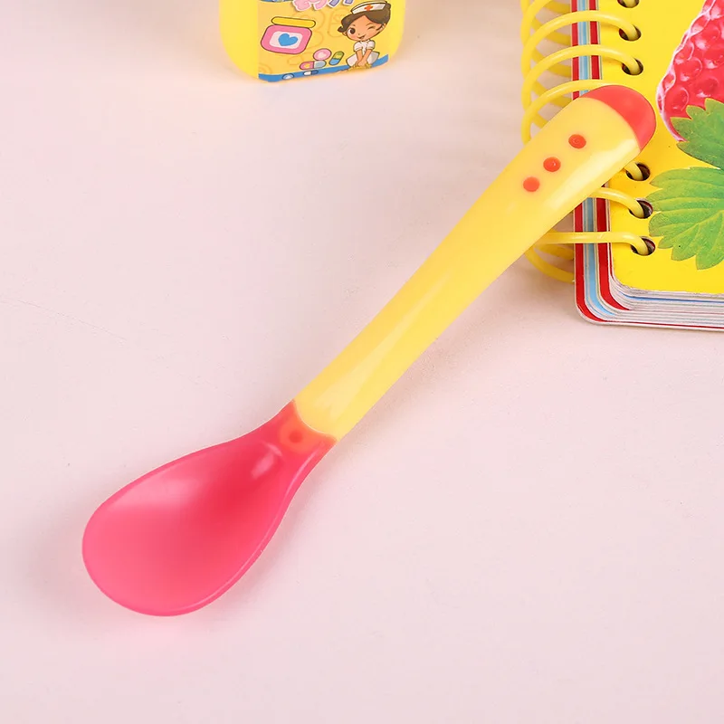 Термочувствительная ложка для кормления, детская посуда, миска для еды, Обучающие блюда, тарелка для обслуживания, поднос, присоска, набор детской посуды - Цвет: Yellow Spoon