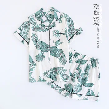 

100% Cotton Cardigan v-neck Short Sleeves and short pants women pajama sets Small fresh printed thin ladies outdoor homewears