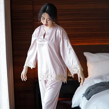 

Sexy Soft Pajamas Satin Pyjamas Women Loungewear Stitch Pajamas Faux Silk Pj Set Long Sleeve Autumn Winter Homewear Sleepwear