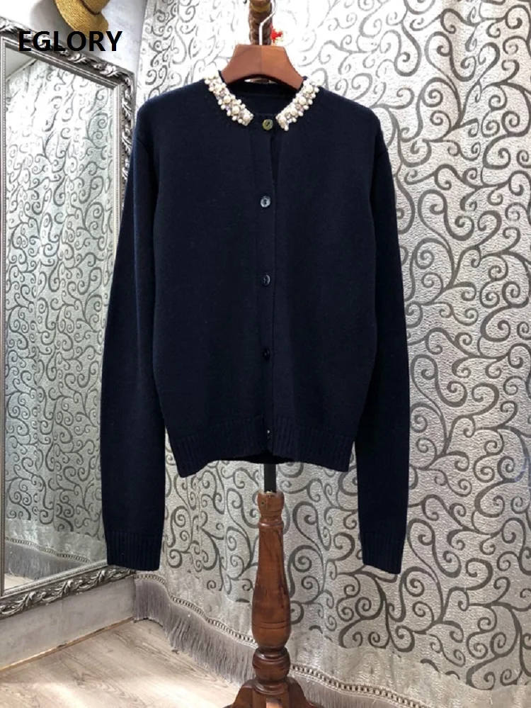 

2020 Autumn Winter Fashoin Wool Cardigan Jackets Women Hand Made Beading Long Sleeve Dark Blue Knitted Sweater Tops Coat Outwear