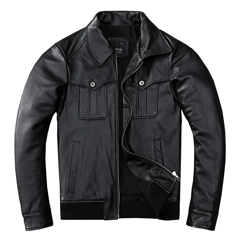 

Men's Genuine Cowhide Black Leather Jacket Short Slim-fitting Motorcycle Jersey Cowhide Leather Jacket Coat Large Size XL 2XL