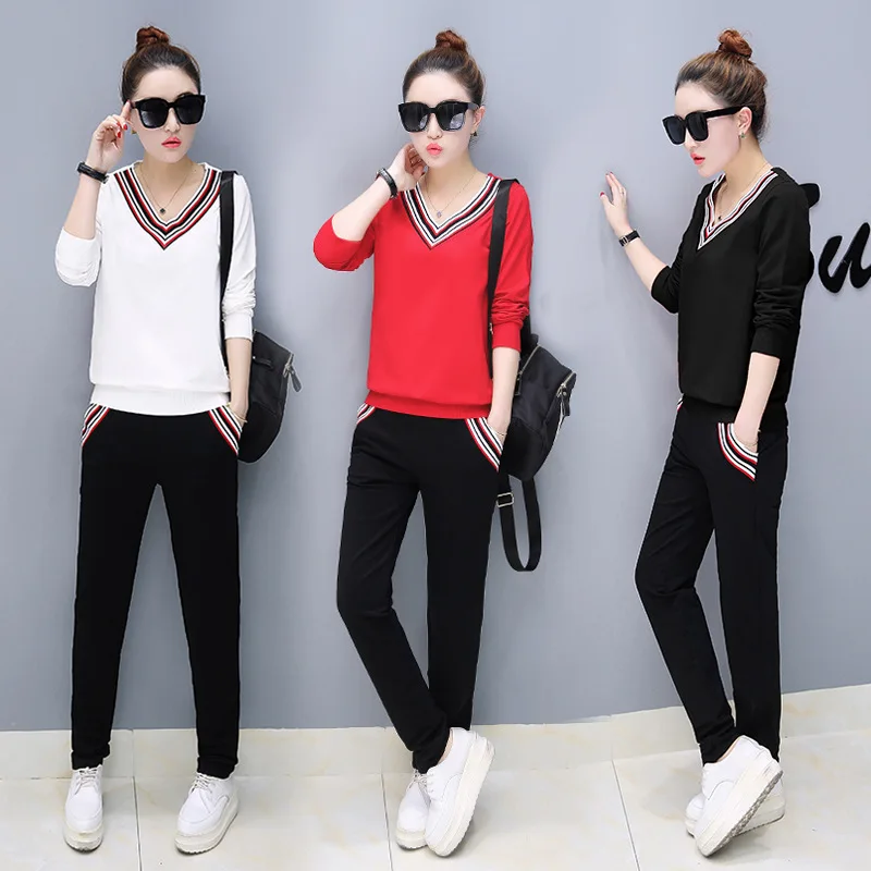 

2017 Spring New Style Korean-style V-neck Long-sleeved Sweater Loose-Fit Slimming Two-Piece Set Fashion Group Clothes Business A