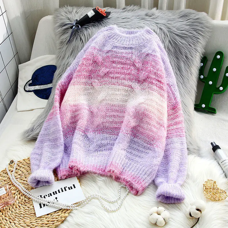 

New Autumn / Winter 2020 Patchwork Gradient Sweater Pullover Thin Twist Hollow Mohair Comfortable Warm Sweater En*