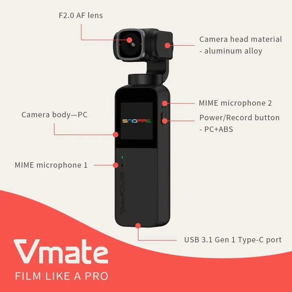 Snoppa Vmate Vlog Pocket Palm sized Handheld Gimbal Camera 3-Axis Stabilizer Pocket Camera for Vlog video Youtube Smart Camera