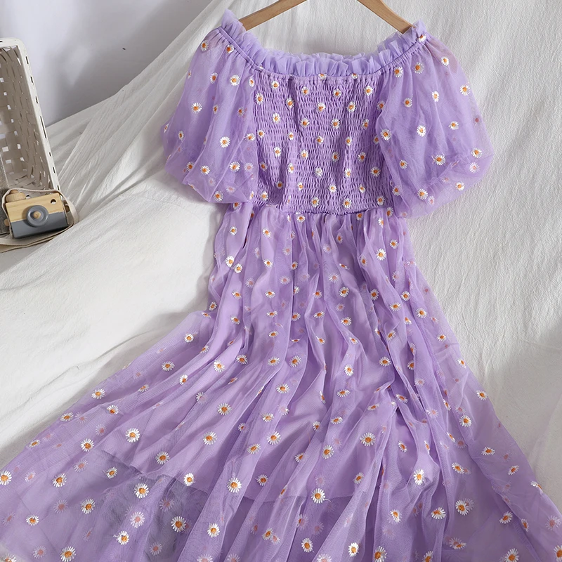 Summer Women Slash Neck Puff Sleeve Pleated Mesh Gauze Ruffles Dress Lady Embroidery Organza Lace Flower Elastic Slim Chic Dress