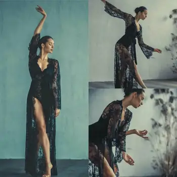 

Sexy Black Night Robes Custom Made Lace Long Sleeves Party Sleepwear 2020 Fashion Nightgown Robe