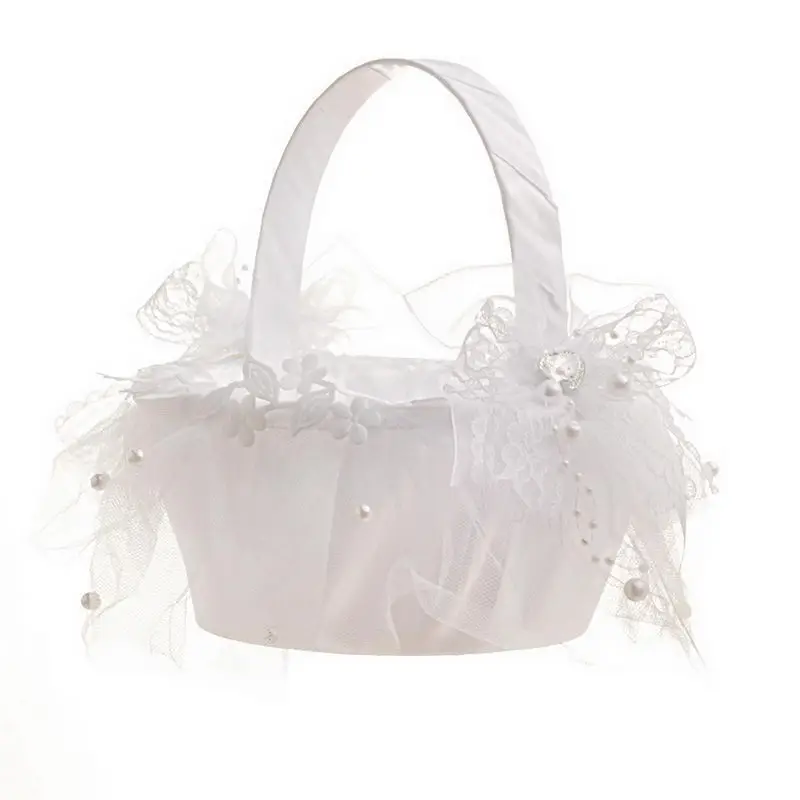 

Romantic Flower Basket Weave Bridal Baskets with Lace Satin Pearls for Wedding SEP99