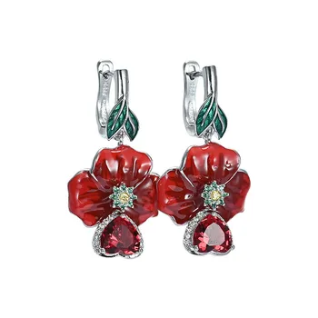 

New Trendy Luxury Silver Enamel Drops Dangle Earrings for Women Bright Heart Shaped Red Zircon Crystal Wedding Earrings Gift