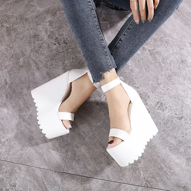 16cm White Wedge Heel New Summer Thick Heel Platform Dance Shoes Sexy T