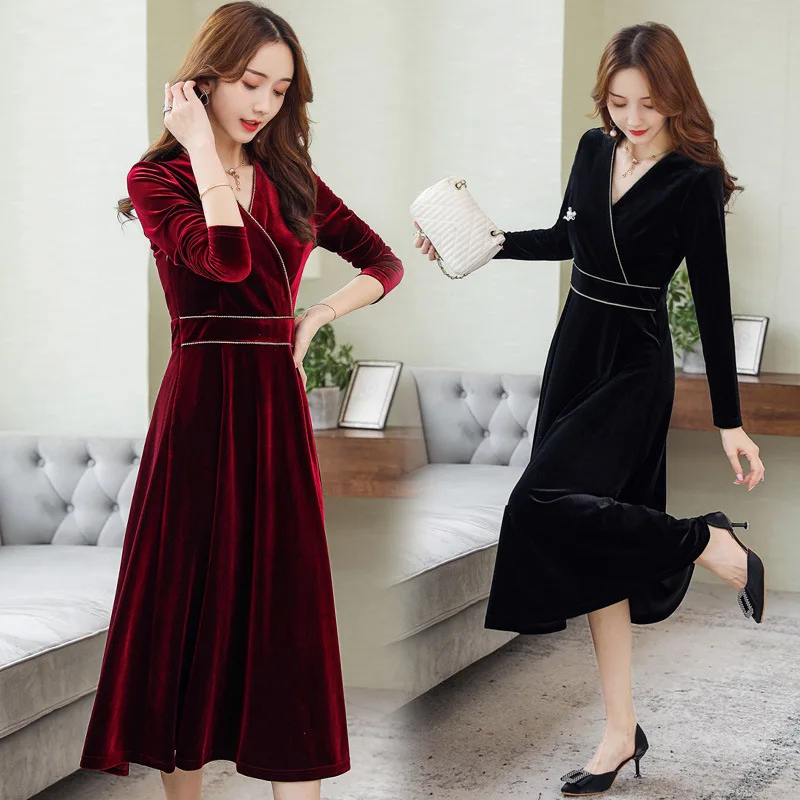 

2019 New Style Spring And Autumn Skirt Slim Fit Elegant Gold Velvet Mid-length over-the-Knee Long Sleeve Autumn And Winter Base