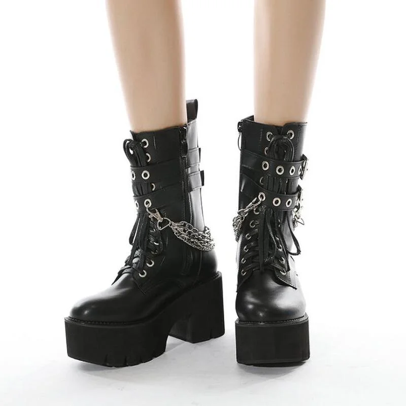 

Goth shoes Demonia boots Platform High Chunky Heel Black Bat Buckle Punk Mid Calf Patent Leather Wolfe Winter Boots Women