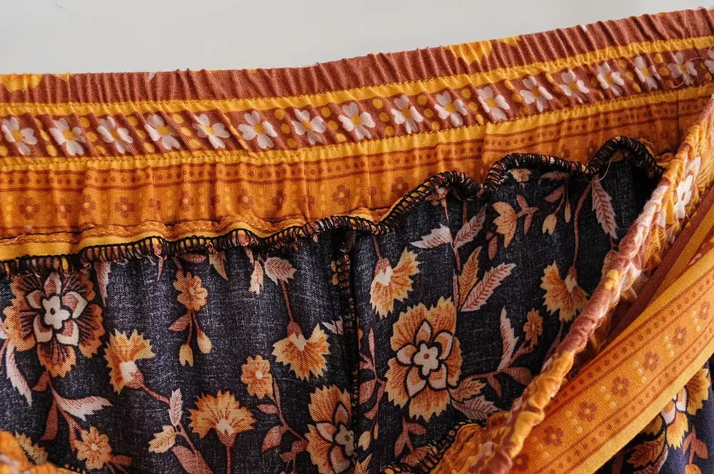 Винтажные широкие брюки с цветочным принтом для женщин Мода boho шикарный летний галстук-бабочка пояса эластичная талия пляжные брюки pantalones
