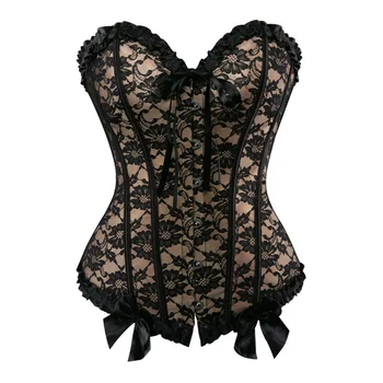 

Sexy Lace Bow Bandage Bustier Satin Floral Gothic Lace Up Boned Overbust Corset Waist Trainer G-string+Short Pant Plus Size 6XL