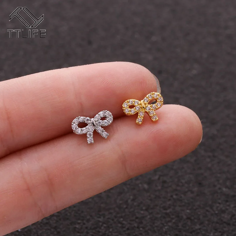 

TTLIFE 16G Bow Earrings Zircon Stainless Steel Hypoallergenic Cartilage Helix Tragus Conch Rook Ear Piercing Earring Stud Women