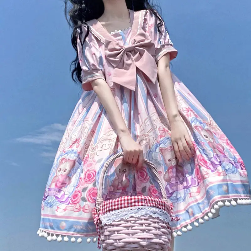 

Summer Kawaii Lolita OP Dress Girls Cute Cartoon Navy Bear Print Party Dresses Sweet Loose Bow Ruffles Mini Party Dress