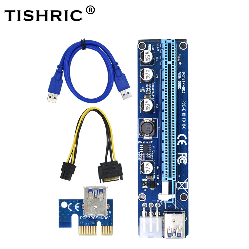 TISHRIC Riser Card VER008C Molex 6 pin PCIE PCI-E pci Express 1X to 16X Adapter SATA TO USB 3.0 Cable Mining Bitcoin Miner