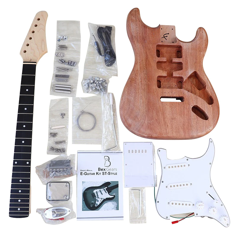 ST elctric guitar kit with all accessories okoume wood body maple neck black pickguard unfinished project DIY guitar parts
