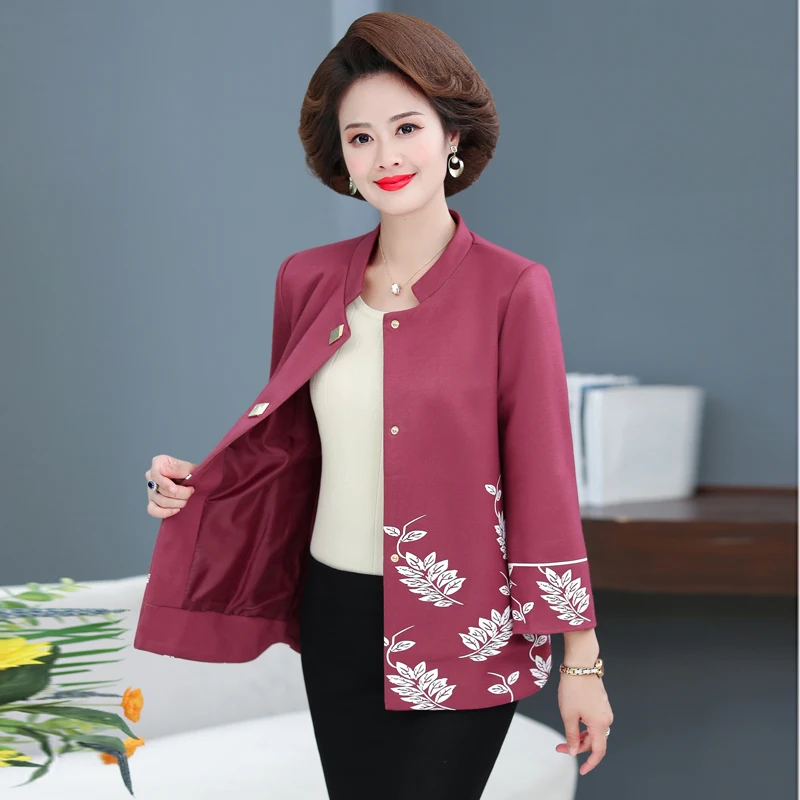 Mature Women Blazer Smart Casual Jacket Suit For Office Lady Autumn Spring Blue Red Khaki Oufits Leaf Printing Blazers XXXXXL