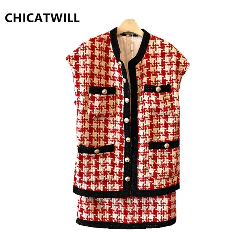 

Autumn New 2019 Women Pockets Tweed Tops Vests and mini Skirts Woman's 2pcs Set