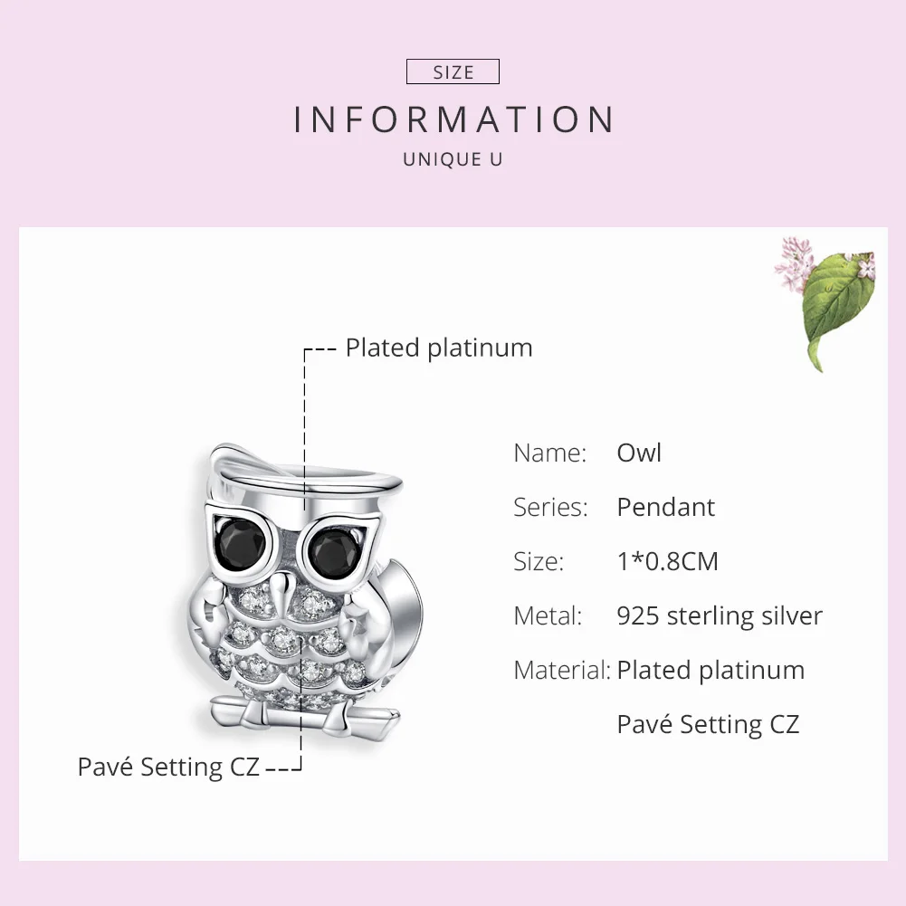 bamoer Genuine 925 Sterling Silver Owl Animal Charm for Original